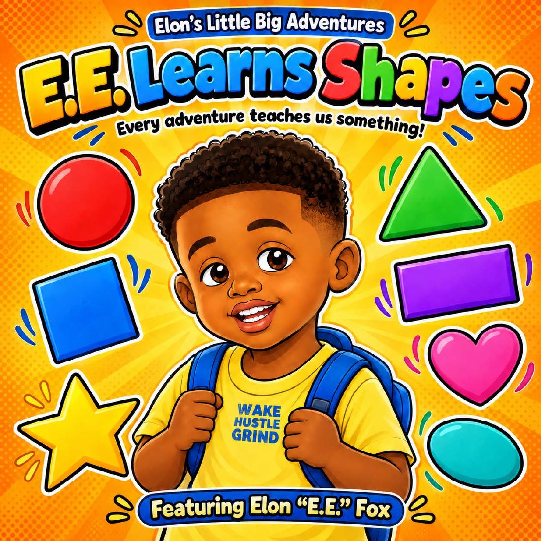Cover of Elon's Little Big Adventures — E.E. Learns Shapes, featuring Elon “E.E.” Fox surrounded by colorful shapes